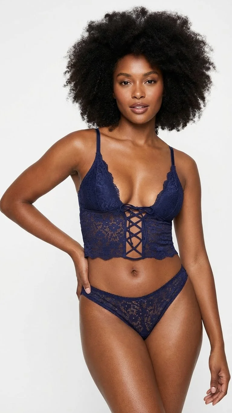 LunaIntim Gece Mavisi Korse Görünümlü Büstiyer Önden Bağcıklı ve Dantelli Boş Kap Sütyen - Korse Görünümlü Detay